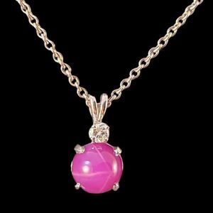 Genuine Pink Star Sapphire Diamond & 14k White Gold Chain Necklace